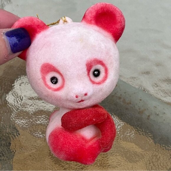 Vintage Blow Mold Flocked Red & White Panda Bear Ornaments Set of 2 - Picture 9 of 15
